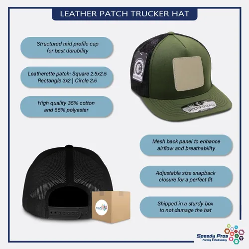 Vista 2 de Speedy Pros Grabado Trucker Mesh Cap Hubby Rectángulo Cuero Parche 5 Panel Sombreros Snapback Poliéster Diseño negro de carga solamente.