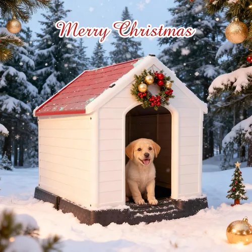 Vista 9 de Casa Grande de Plástico para Perros, Caseta para Perros Exterior Impermeable Doghouse Casas para Perros, Refugio para Cachorros Piso Elevado