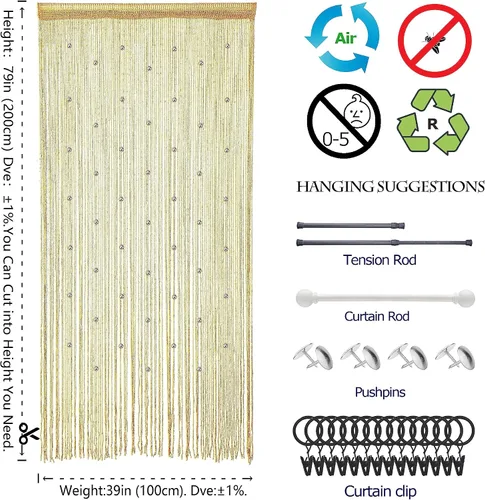 Vista 3 de Cortinas de cuentas para puerta, cortinas de cuentas para colgar, divisor de habitación, decoración de cuentas, panel de flecos con purpurina