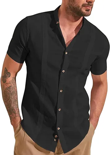 Vista 5 de Camisas de manga corta para hombre, camisas casuales a rayas, camisa de guayabera cubana con botones, camisas de verano para la playa y la boda