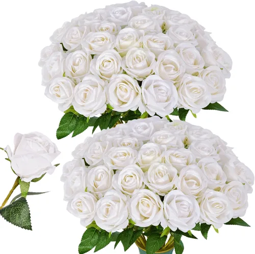 Vista 19 de [Usado] 50 flores artificiales de rosas blancas Beige