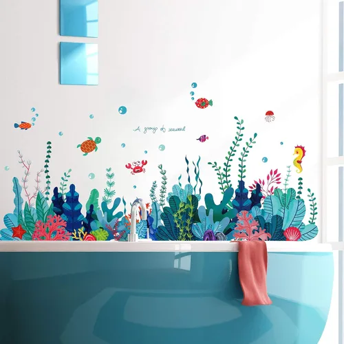 Vista 6 de Calcomanía de pared extraíble 3D bajo el mar con vista al mar, calcomanías murales de algas marinas de coral océano, decoración del hogar