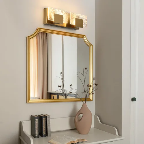 Vista 5 de Luz LED para Tocador de Baño: Accesorios de Iluminación Modernos de Acrílico en Dorado Cepillado de 16 pulgadas - 2 Luces Contemporáneas de Acabado