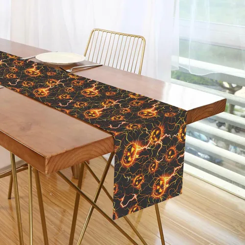 Vista 7 de Horrors Lightning Pumpkin Halloween Decorative Yellow Table Runner, 13x70inches, Fall Party Decorations Reusable Sequin Table Runner decoracion
