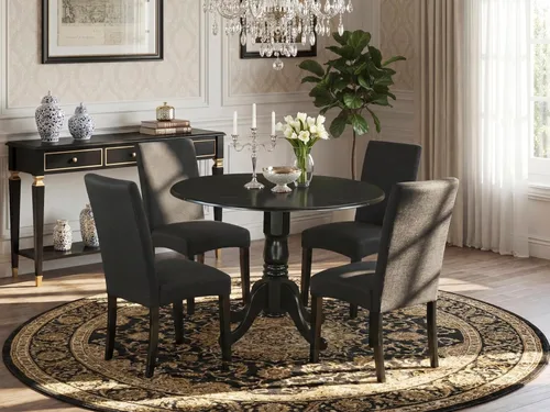 Vista 2 de East West Furniture DLDR5-BLK-24 - Juego de mesa de comedor moderno de 5 piezas, incluye una mesa redonda de madera con gotas y 4 sillas tapizadas
