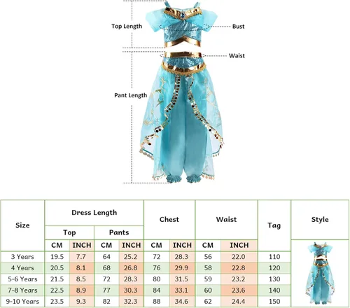 Vista 7 de TPMG Princess Jasmine Costume for Girls 3T-12Y, Dress Up Clothes Kids Halloween Play Dress with Wig Headband Party Outfits