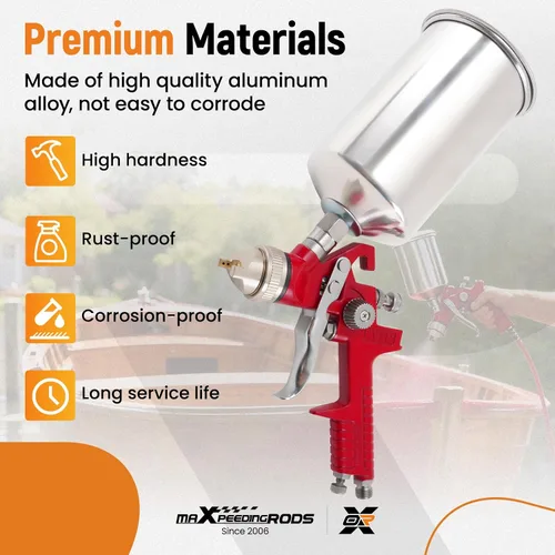 Vista 7 de maXpeedingrods HVLP - Kit de pistola rociadora, pistola de pintura automotriz con taza de aluminio de 1000 cc, 3 boquillas y agujas de latón