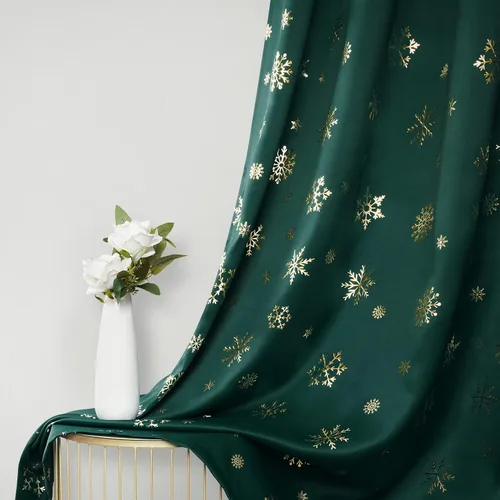 Vista 7 de FRAMICS Cortinas de Navidad con estampado de copos de nieve dorados en papel de aluminio, cortinas opacas con aislamiento térmico para sala de estar