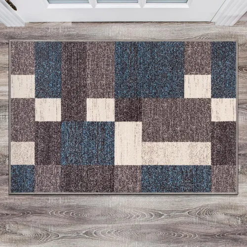 Vista 9 de Rugshop Alfombra Contemporánea Azul con Cajas Geométricas Antideslizante y sin Desprendimiento para Sala de Estar, Comedor y Oficina, 20" x 30