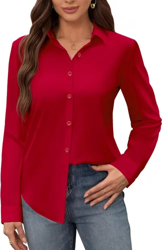 Vista 13 de Siliteelon - Camisas de vestir para mujer, a prueba de manchas, sin arrugas, de manga larga, sólidas, para trabajo y negocios, con botones
