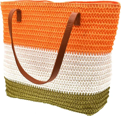 Vista 64 de Bolso grande de paja para mujer, tejido de ratán, bolso de playa de verano, a rayas