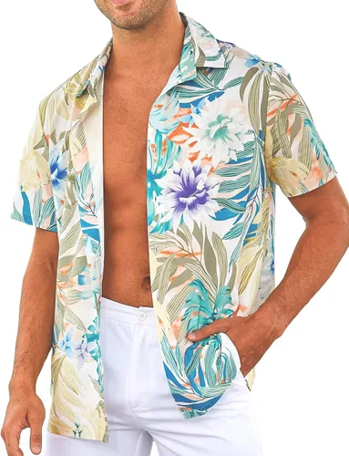 Vista 2 de ZAFUL Camisa hawaiana de algodón de manga corta con botones para el verano, para playa tropical