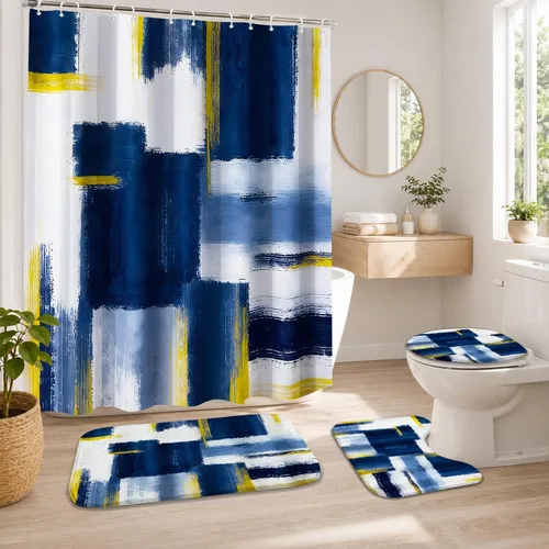 Vista 9 de Lnond 4 Piezas Juegos de Cortinas de Ducha de Baño Moradas con Alfombras, Arte de Pintura Púrpura y Gris Juegos de Baño con Cortina de Ducha