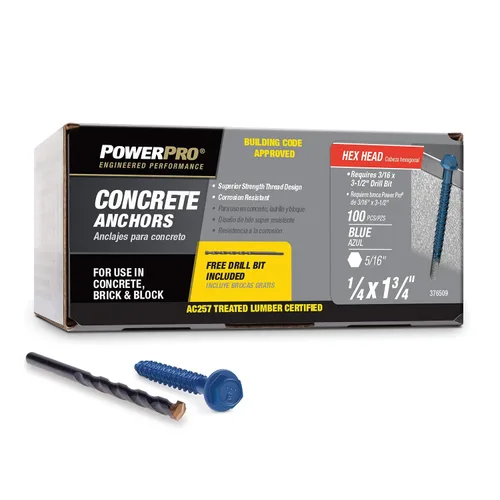 Vista 2 de Power Pro Anclajes de tornillo de hormigón con cabeza hexagonal azul (1/4" x 1-3/4") - 100 piezas