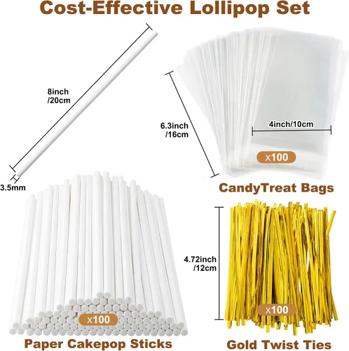 Vista 2 de 8 Inch Lollipop Sticks and Wrappers Kit, 300 Pcs for Large Cake Pop, Candy