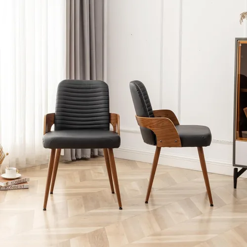 Vista 9 de Juego de 2 sillas de comedor, sillas de cocina modernas de mediados de siglo, sillas decorativas tapizadas de piel sintética, patas de metal, sillas