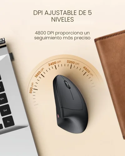 Vista 3 de POJTK Ratón ergonómico inalámbrico recargable, conexión Bluetooth+USB A+Tipo C (3 en 1), 5 niveles hasta 4800 DPI, 6 botones silenciosos, ratones