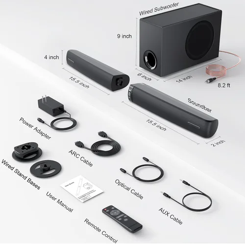 Vista 7 de Barra de Sonido Assistrust con Subwoofer, Barra de Sonido de 110W para Smart TV con Bajo Profundo Ajustable y Aumento de Volumen y 3 Modos de EQ