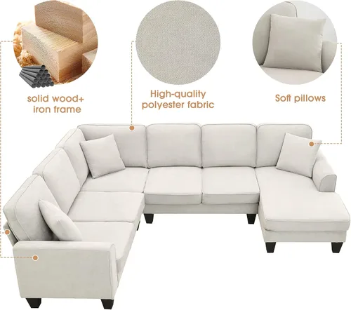 Vista 75 de Quarte Sofá seccional en forma de U, sofá modular con dos asientos individuales, dos sillas, combinación de bricolaje, tela de hilo en bucle Beige/5
