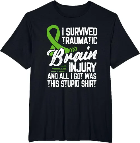 Vista 31 de Camiseta traumática con cinta verde para concienciación de lesiones cerebrales traumáticas I survived TBI, Negro, S