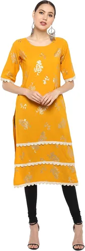 Vista 3 de Janasya Indian Women's Mustard Poly Crepe Foil Print Straight Kurta
