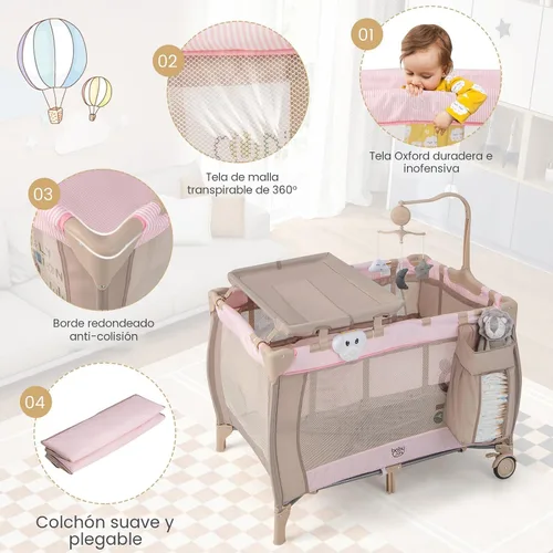 Vista 3 de Costzon 3 en 1 Rosa Pack and Play con Moisés, Corralito Portátil para Bebé con Mesa Cambiadora, Caja de Música, Juguetes Giratorios, Ruedas/Freno