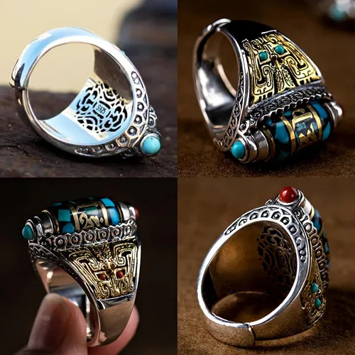 Vista 7 de DXWXY Anillos giratorios de plata de ley S925 para mujereshombres, budista, tibetano, anillo de oración tibetana, talla Pixiu Lucky God Beast, Om