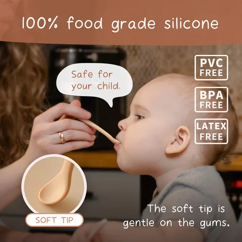 Vista 4 de Moonkie Juego de 4 cucharas de silicona para bebé, cucharas para niños pequeños para autoalimentación de 6 meses, cucharas de alimentación de dos