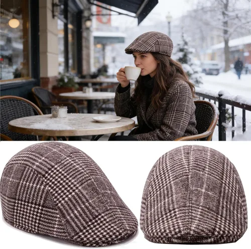 Vista 5 de Gorra de lana clásica de tweed de espiga para hombre, gorra plana Gatsby Ivy Cabbie Hat Medium