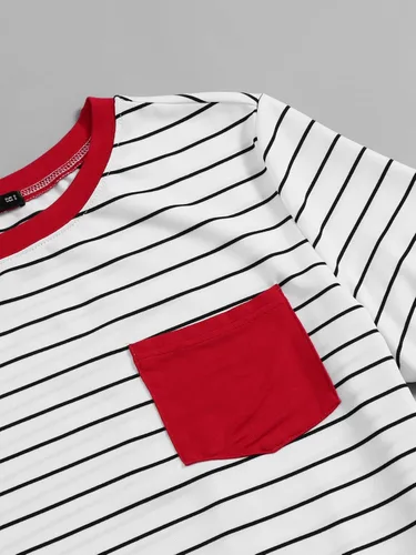 Vista 3 de SHENHE Camiseta casual de rayas con cuello redondo y manga corta para mujer, con bolsillo