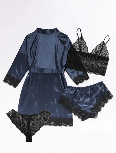 Vista 2 de WDIRARA - Conjunto de pijama de satén de seda para mujer, lencería de encaje floral, ropa de dormir con bata, 4piezas