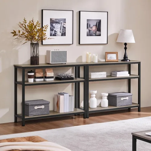 Vista 9 de Yaheetech Mesa de entrada con estantes de almacenamiento, mesa consola de 40 pulgadas con marco de metal, madera detrás del sofá, mesas para Gris