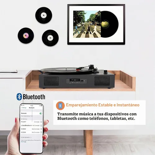 Vista 6 de Tocadiscos de vinilo Bluetooth con dos altavoces incorporados, grabación USB, transmisión por correa, 3 velocidades, tocadiscos para discos