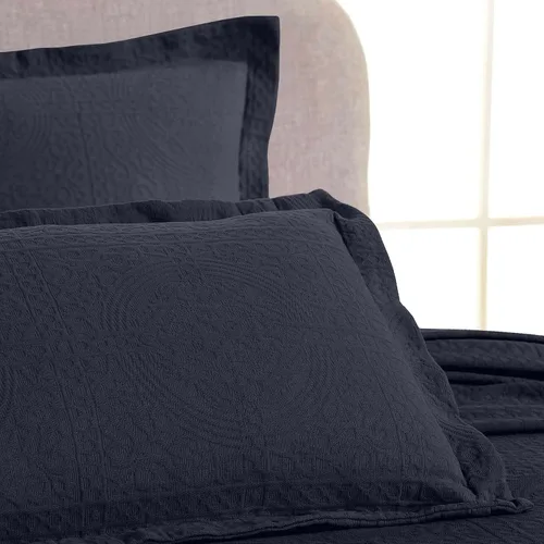 Vista 6 de Superior Fleur De Lis - Juego de colcha de algodón de 3 piezas, decoración de cama para el hogar, colcha decorativa con textura, 2 fundas de Azul