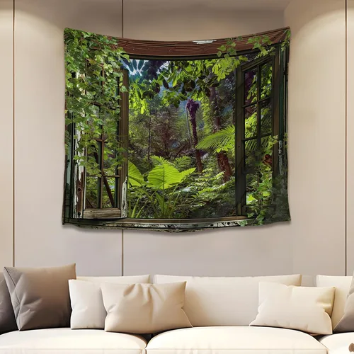 Vista 21 de QGHOT Tapiz de bosque brumoso, tapiz de montaña natural para colgar en la pared, paisaje de acuarela verde salvia, arte de pared para dormitorio
