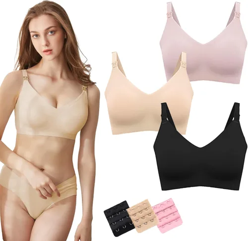 Vista 2 de BOMFWAUPack of 3 Nursing Bras for Breastfeeding and Maternity, Pregnancy Wireless Bralette for Active Moms, BlackPinkSkin