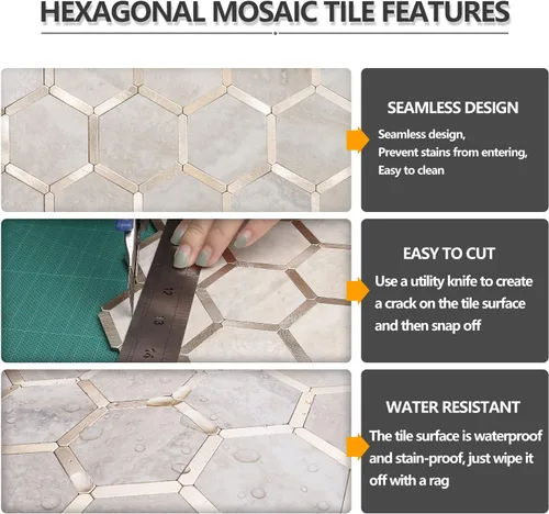 Vista 4 de STICKGOO Azulejo Hexagonal de Despegar y Pegar para Salpicadero, Azulejo Adhesivo para Salpicadero de Cocina y Baño, Aspecto de Mármol Beige PVC
