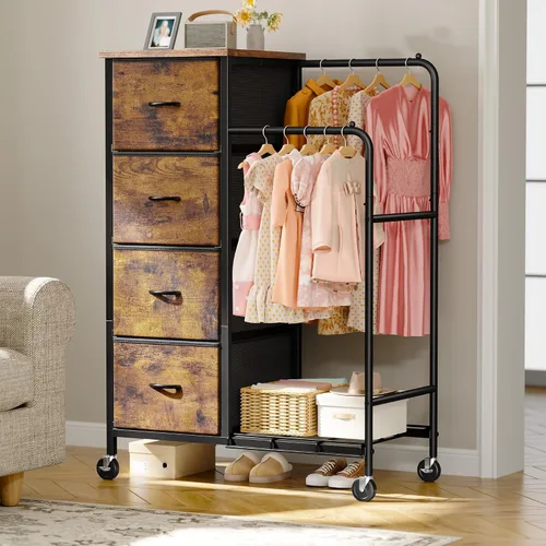 Vista 10 de Romorgniz Cómoda 3 en 1 con estante para colgar, 4 cajones de tela con doble perchero y ruedas, organizador alto de armario para dormitorio, Negro