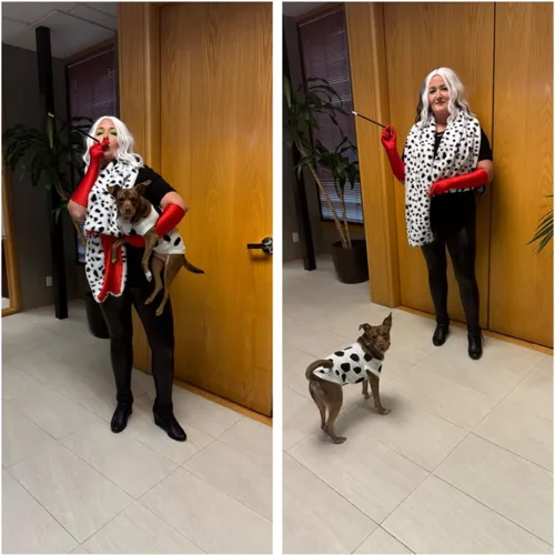 Vista 2 de Disfraz de Halloween para mujer Deville Dálmata chal con accesorios de disfraz