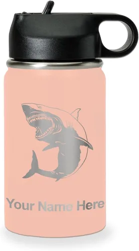 Vista 45 de LaserGram Botella de agua personalizada, gran tiburón blanco, acero inoxidable de doble pared aislada al vacío con popote superior, regalo grabado