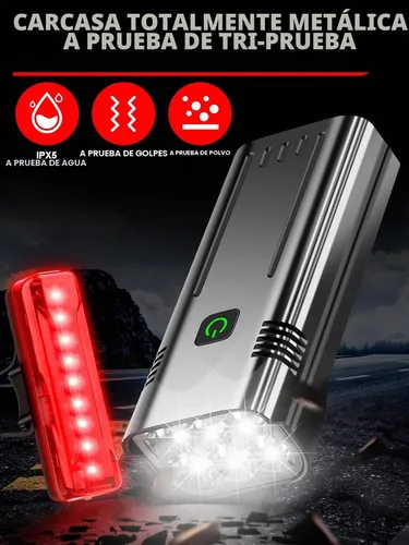 Vista 7 de Luces de bicicleta de alto lúmenes delanteras y traseras para conducción nocturna, 10,000 mAh USB recargable 6 luces LED para bicicleta, 5+5 modos
