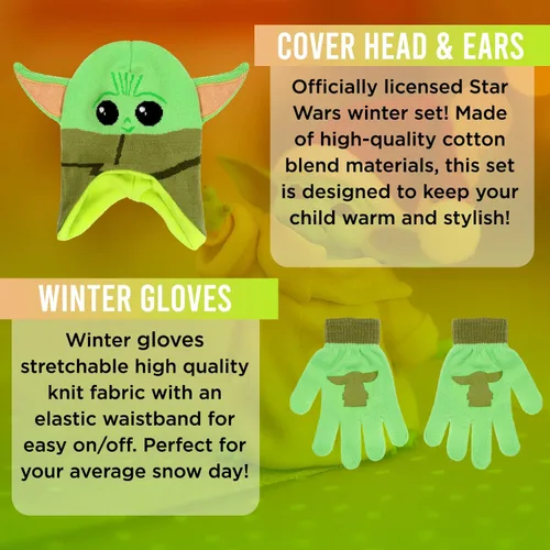 Vista 2 de Star Wars Baby Yoda - Gorro de invierno para niños y guantes de nieve o guantes para niños pequeños, 2 unidades, conjunto de guantes suaves y gorro