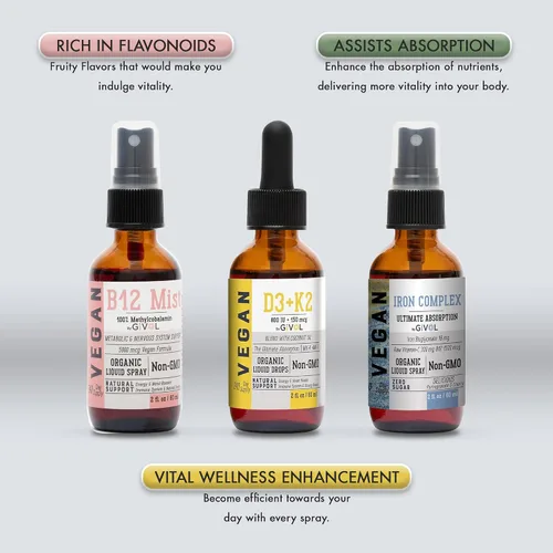 Vista 3 de Energy & Vitality Bundle - Trío de aerosol de vitaminas líquidas – B12 metilcobalamina, bisglicinato de hierro y D3 (Lichen) y K2 (MK4 y MK7), sin