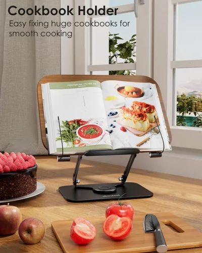 Vista 2 de aboutool - Soporte ajustable para libros con base giratoria de 360° y clips de página, soporte plegable para libros de cocina, soporte para libros