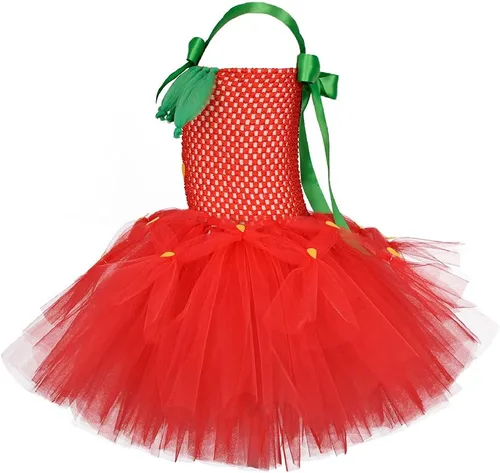 Vista 5 de Quenny Vestidos de fresa de Halloween, vestidos de princesa tutú de malla para niñas.