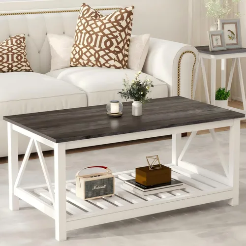 Vista 7 de Mesa de centro con almacenamiento, pequeña mesa de centro blanca de granja Negro