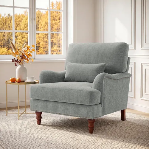 Vista 7 de Mid-Century - Silla decorativa moderna con almohada lumbar, color gris Chenille Gris Claro