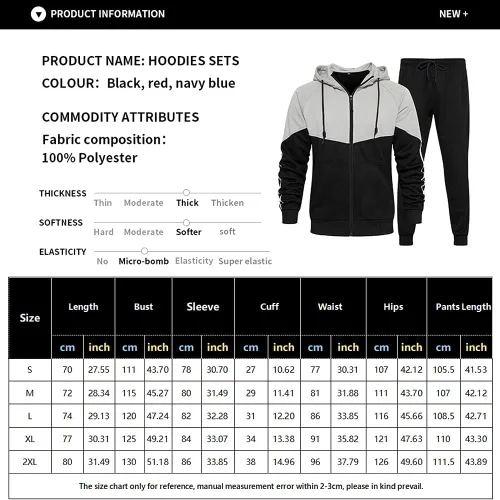 Vista 6 de Chándal deportivo con capucha para hombre, manga larga, con cremallera completa, 2 piezas, de retazos
