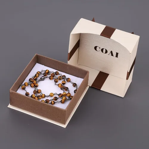 Vista 6 de COAI Collar con cuentas de piedra auténtica para hombre y mujer Ojo de tigre café