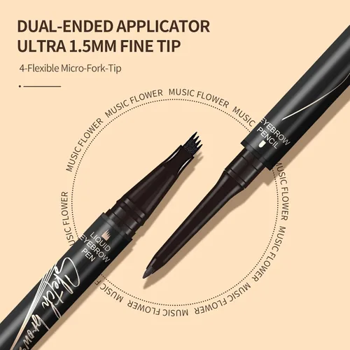 Vista 2 de Music Flower Pluma de cejas de microrelleno de doble extremo, lápiz líquido para cejas con 4 aplicadores de punta de cepillo micro y lápiz definidor